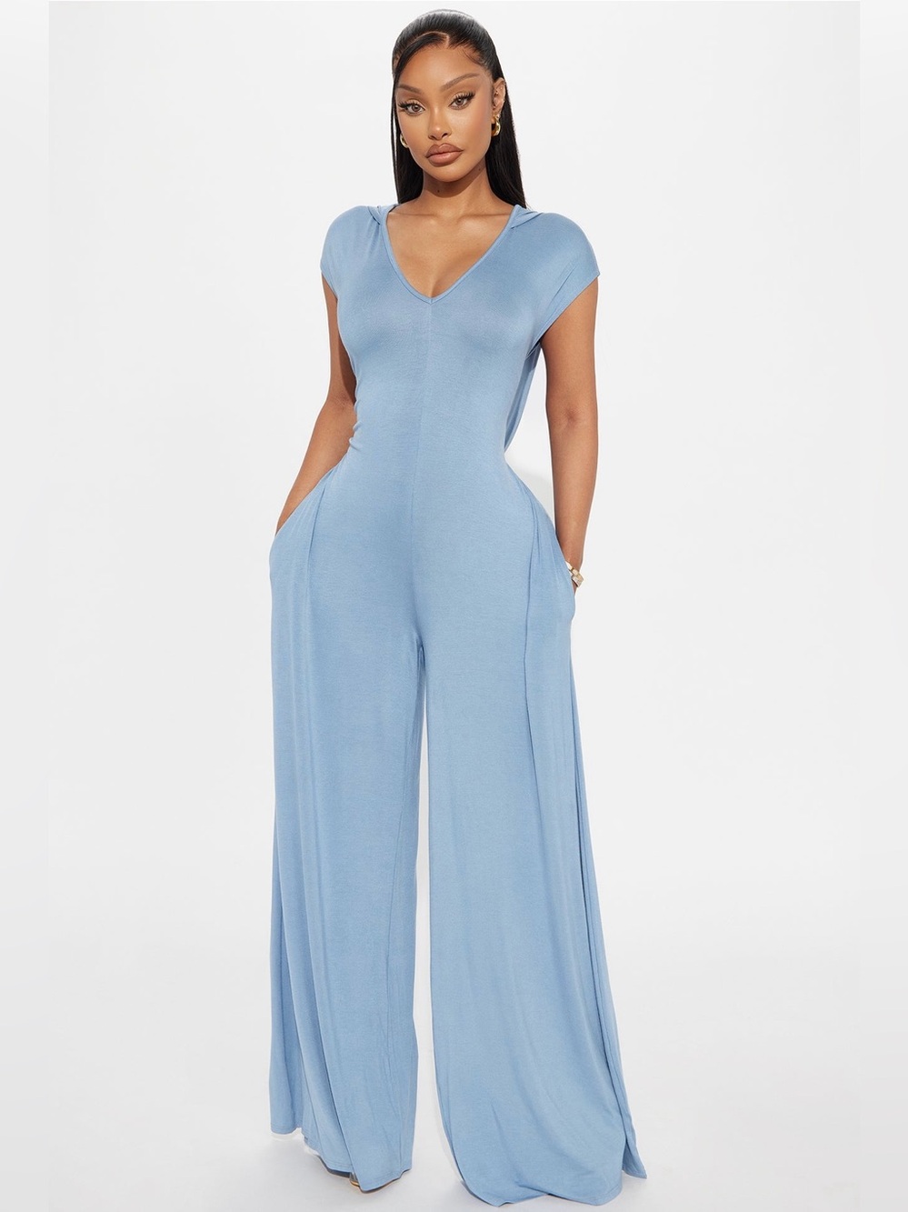 Hooded Light Blue V-Neck Wide-Leg Jumpsuit